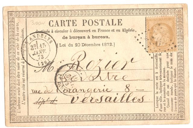 carte postale non illustrée 1873