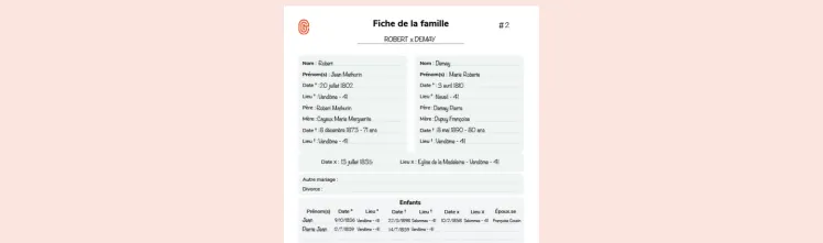 Fiche généalogique - Fiche Famille