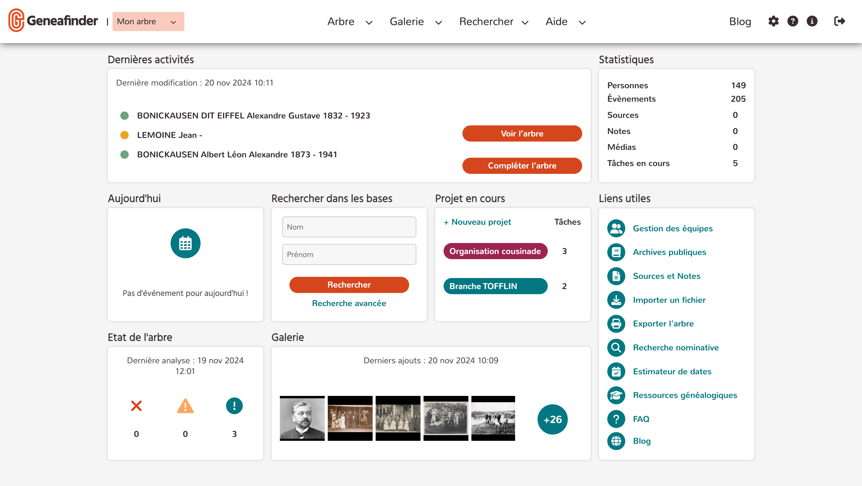 Geneafinder_Tableau de bord