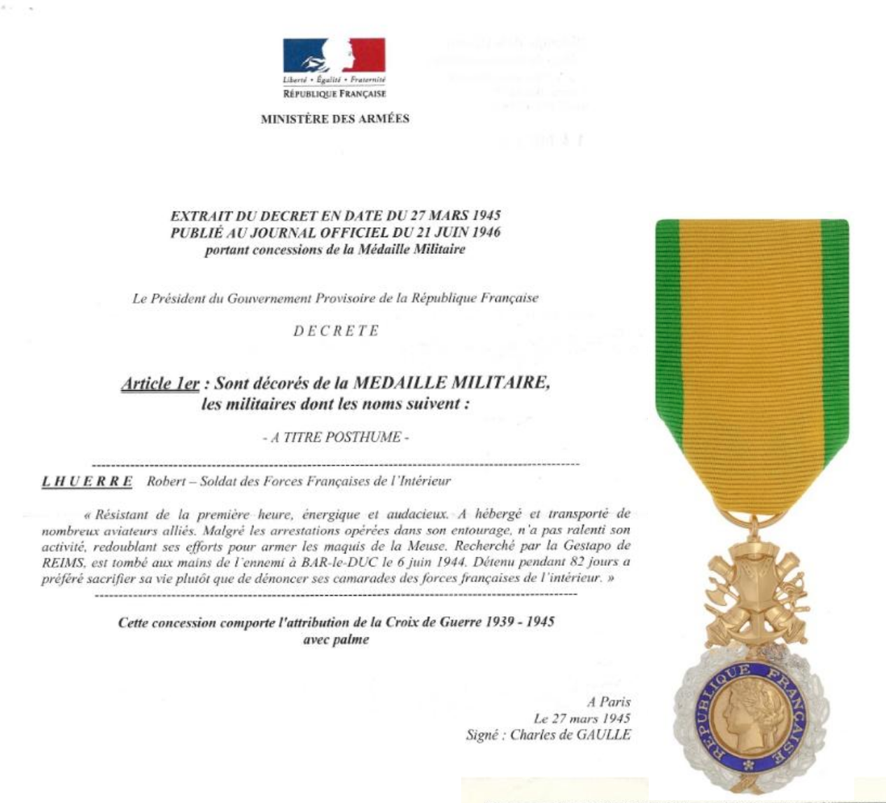 Robert Lhuerre - médaille militaire à titre posthume