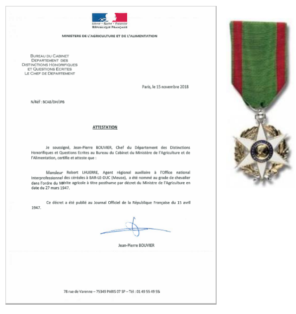 Robert Lhuerre - Chevalier de l'Ordre du mérite agricole