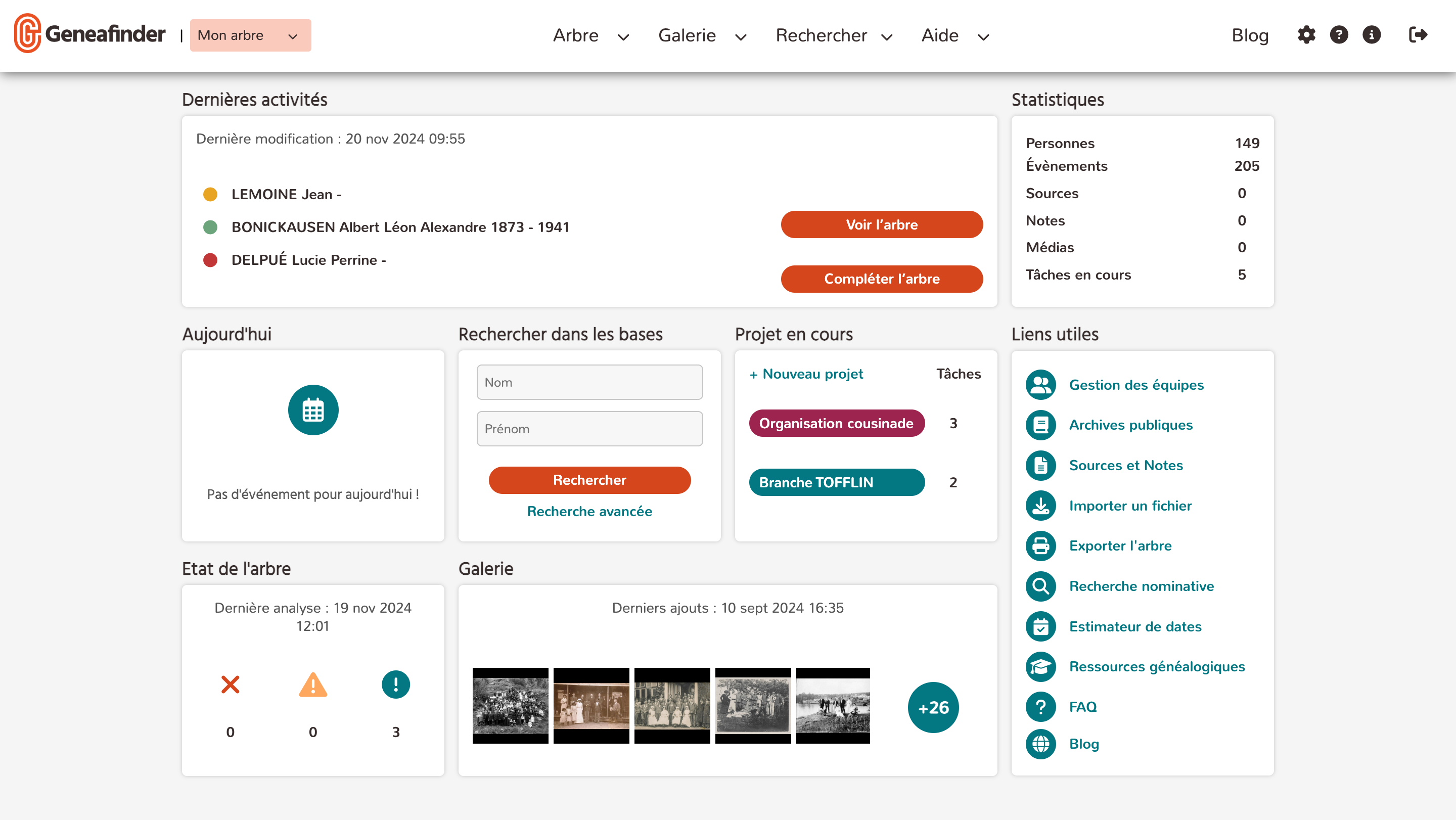 Geneafinder_Tableau de bord