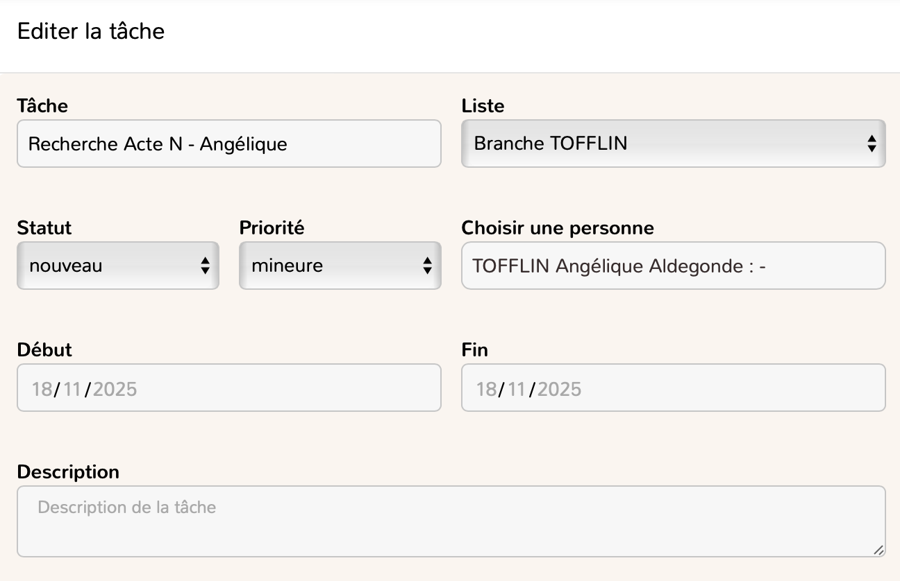 Geneafinder - Gestionnaire de tâches - création d'une tâche